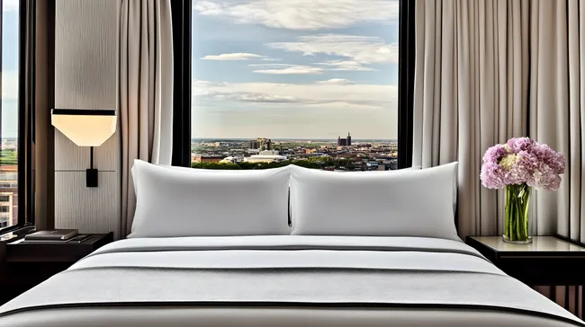 Modernes Hotelzimmer mit Stadtblick und Blumen