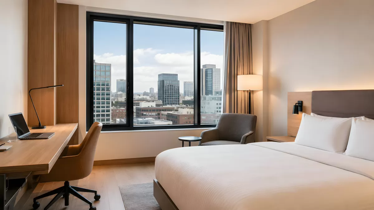 Modernes Hotelzimmer mit Stadtpanorama und Kingsize-Bett