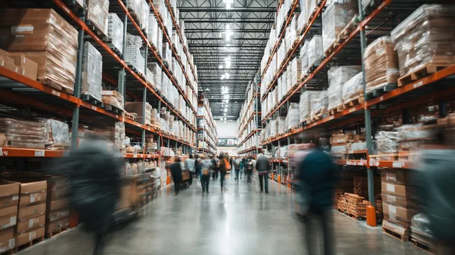 Modernes Industrielager mit Regalen und Käufern