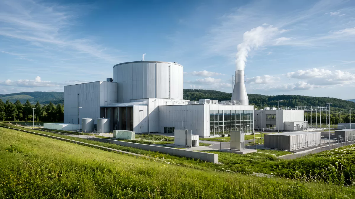 Modernes Kernkraftwerk in grüner Landschaft