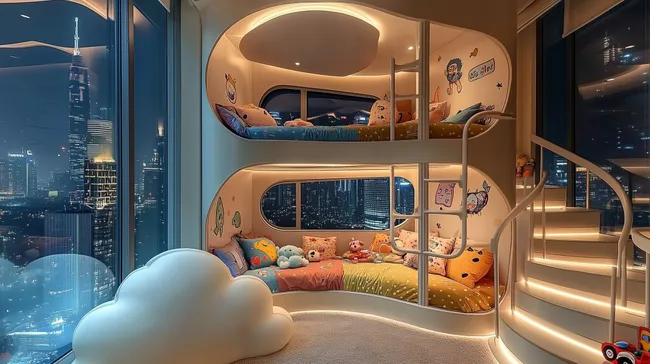 Modernes Kinderzimmer mit Etagen-Betten und Panorama-Stadtblick kostenlos herunterladen