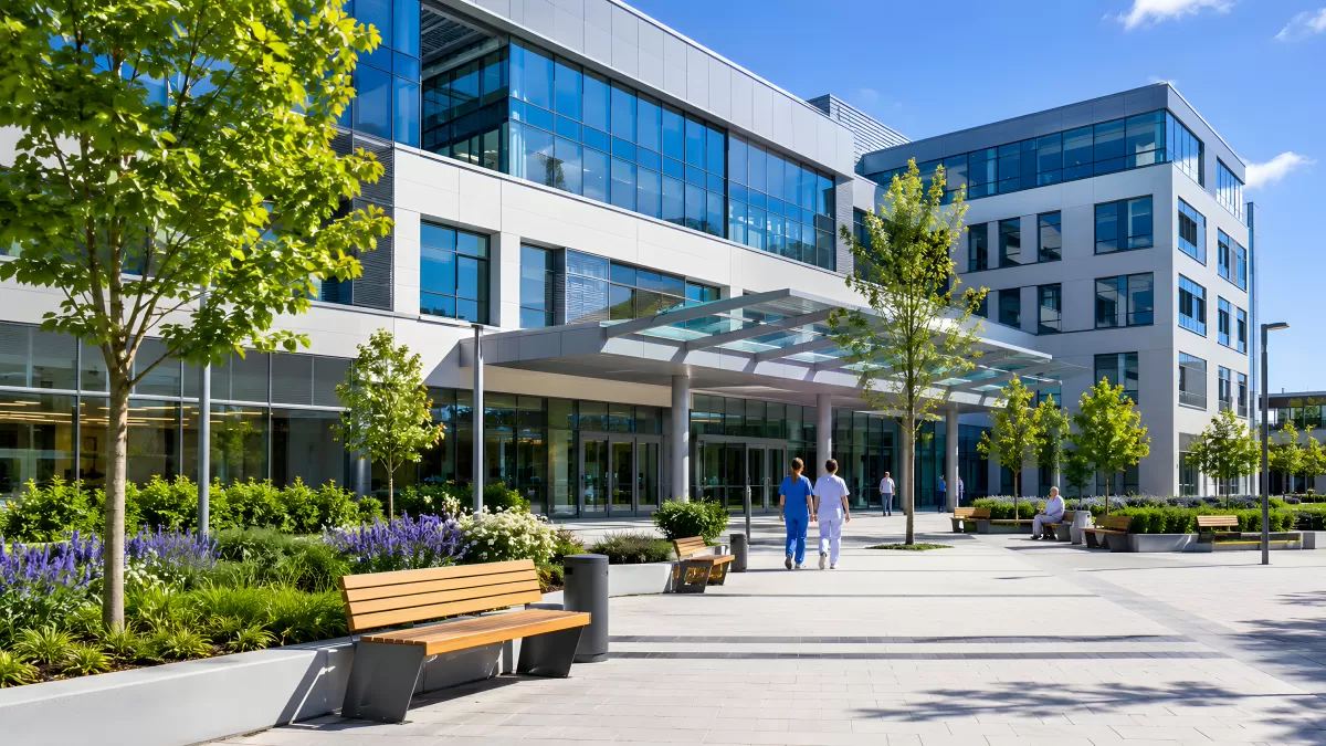 Modernes Krankenhausgebäude mit Grünanlage und Eingang