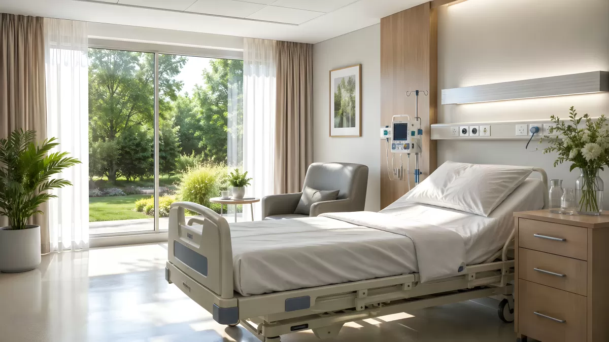 Modernes Krankenzimmer mit Blick in den Garten