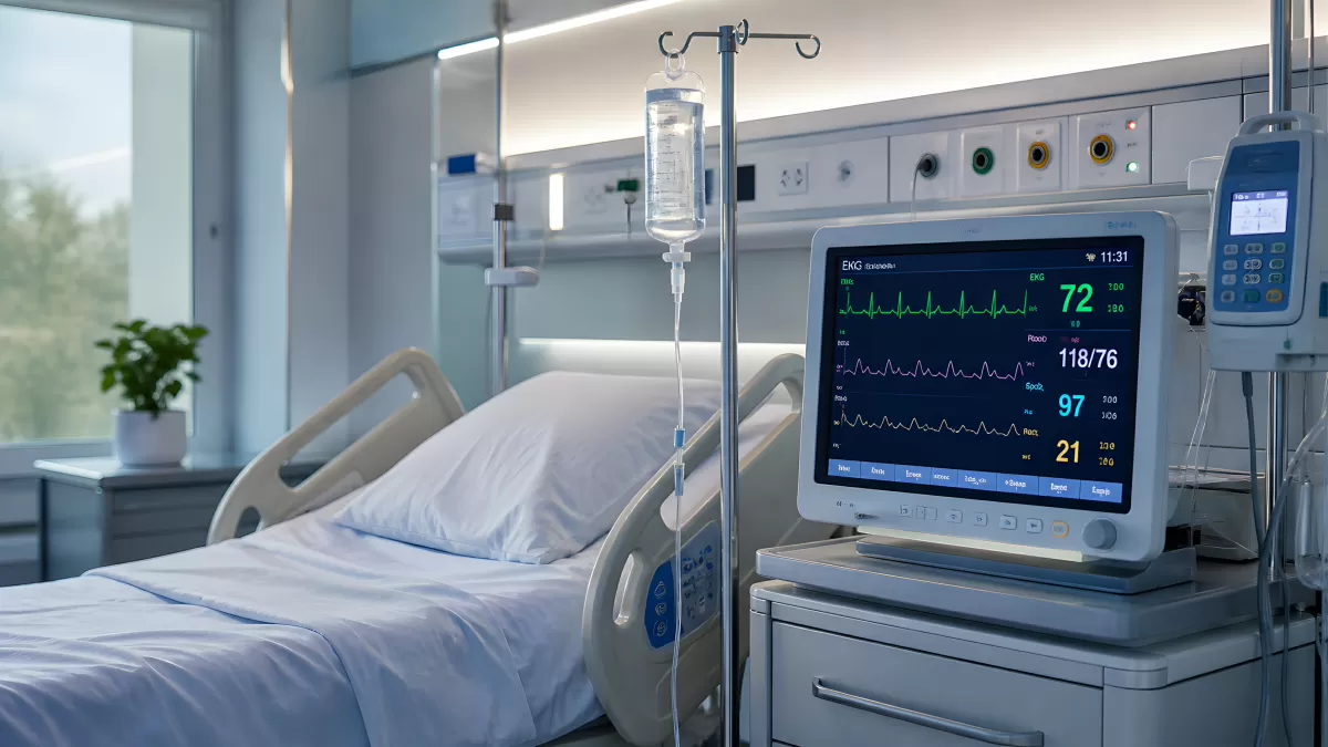 Modernes Krankenzimmer mit EKG-Monitor und Infusion
