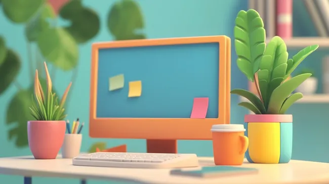 Modernes, kreatives Bürodesign mit Pflanzen und Zubehör