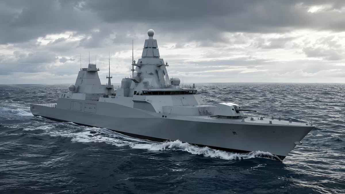 Modernes Kriegsschiff auf hoher See bei bewölktem Himmel