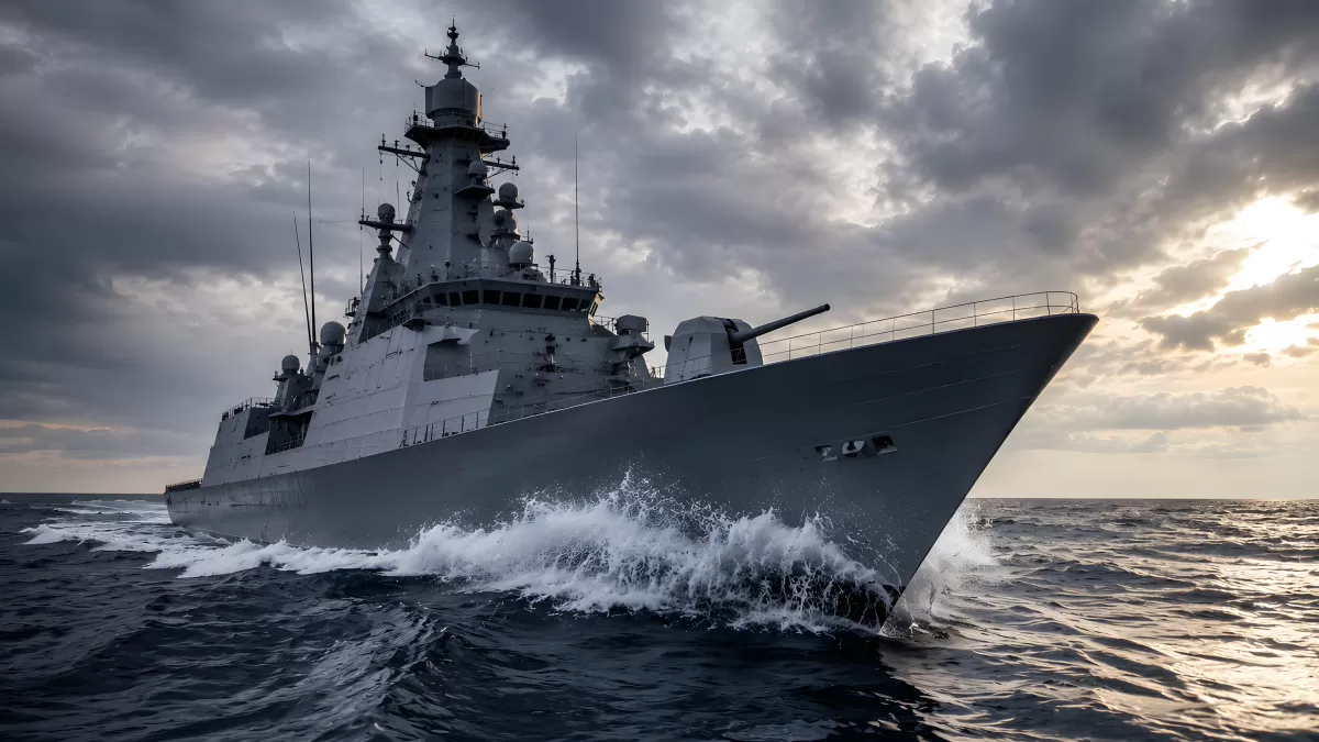 Modernes Kriegsschiff auf stürmischer See in Fahrt