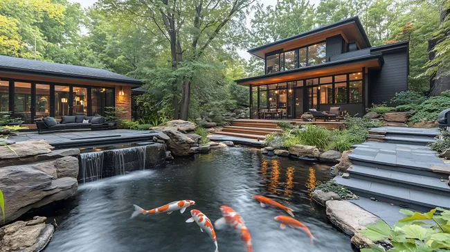 Modernes Landhaus mit Koi-Teich und Wasserfall