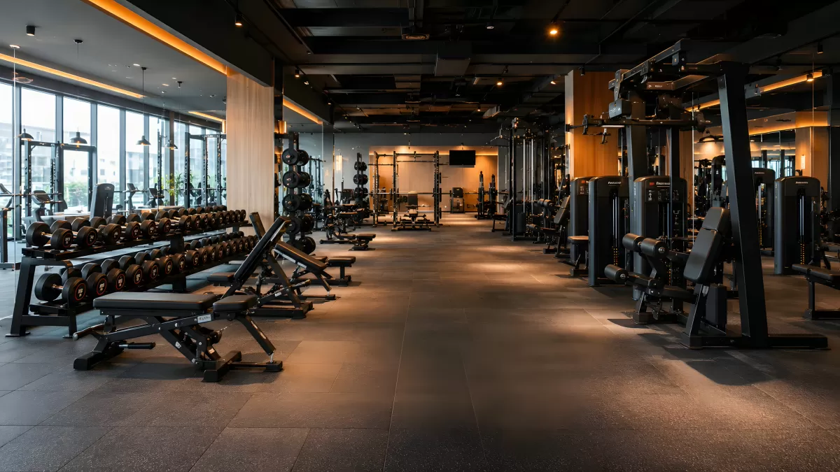 Modernes leeres Fitnessstudio mit Hanteln und Geräten