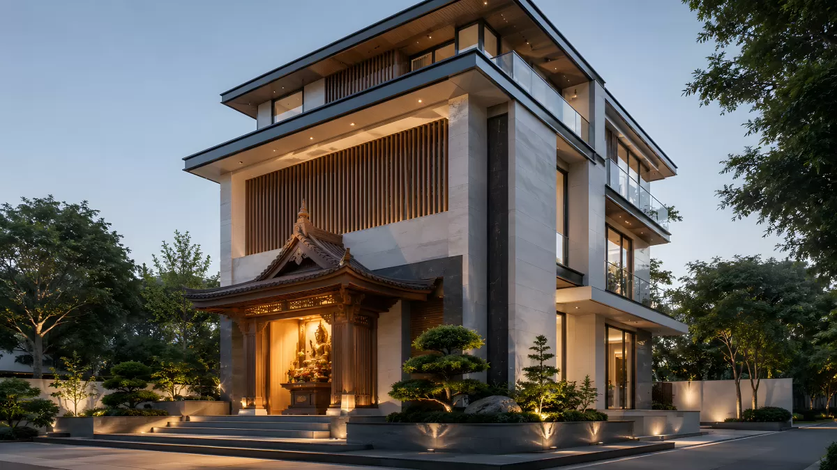 Modernes Luxusgebäude mit asiatischem Tempeleingang