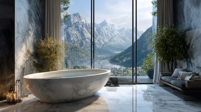 Modernes Marmorbad mit Panoramablick auf die Alpen