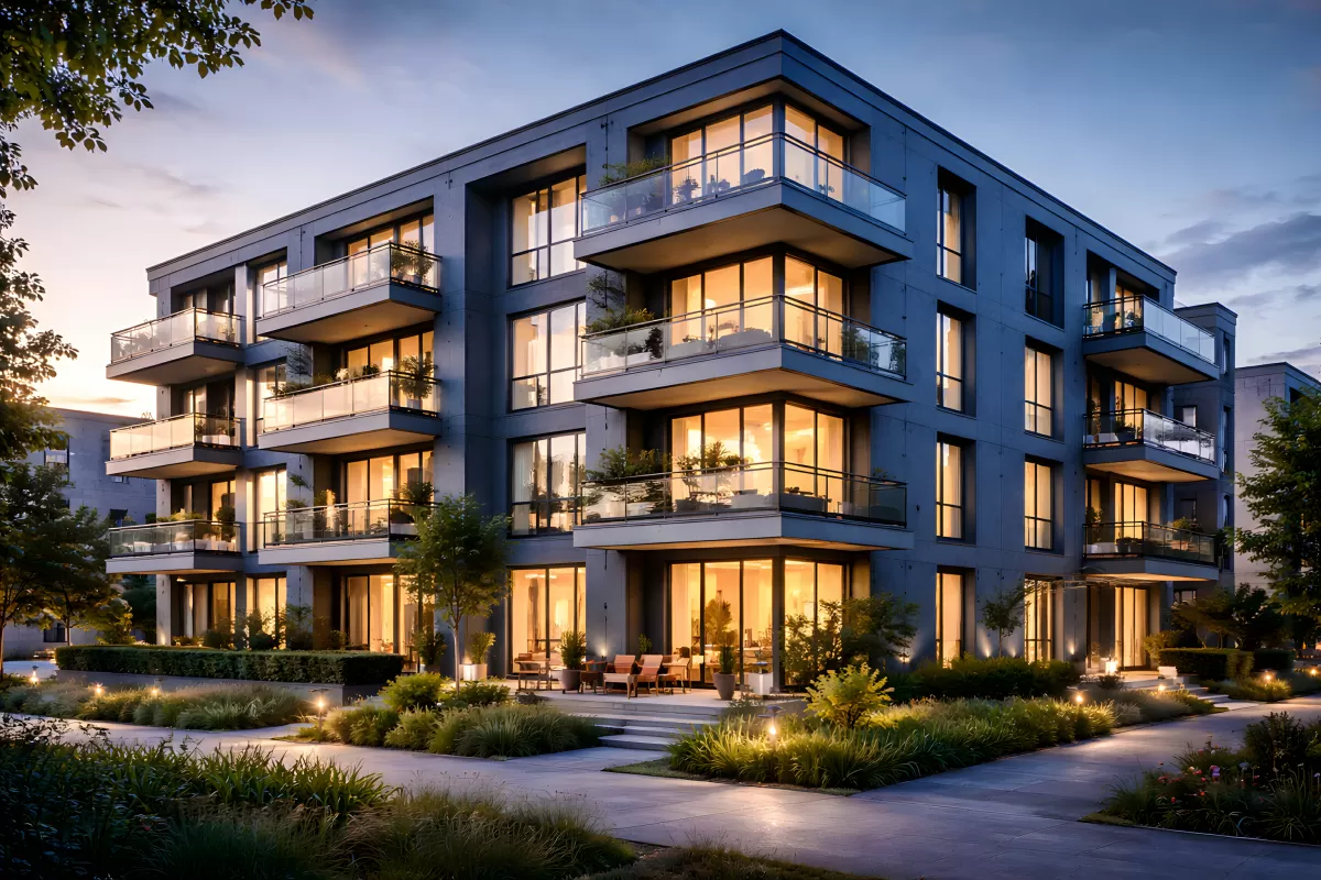 Modernes Mehrfamilienhaus mit Balkonen im Abendlicht