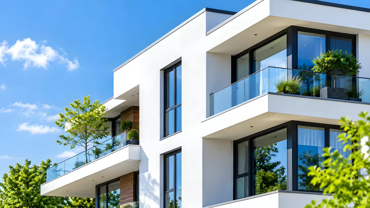 Modernes Mehrfamilienhaus mit Glasbalkon und Begrünung