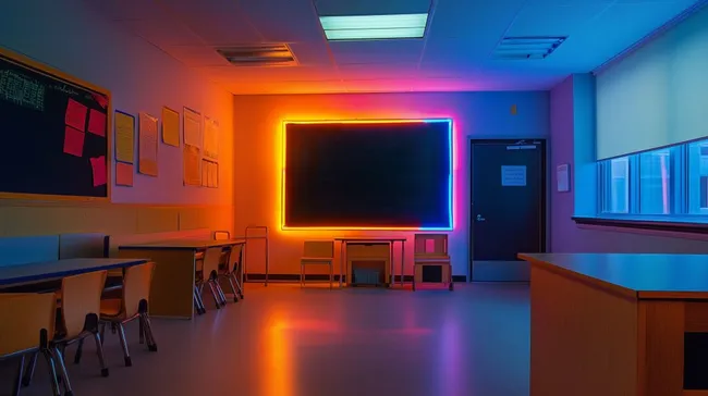 Modernes, neonfarben beleuchtetes Klassenzimmer