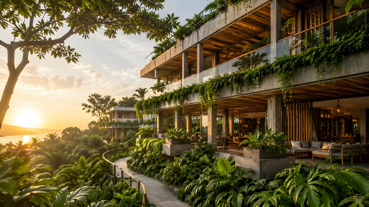 Modernes Öko-Resort mit Dschungelgarten bei Sonnenuntergang