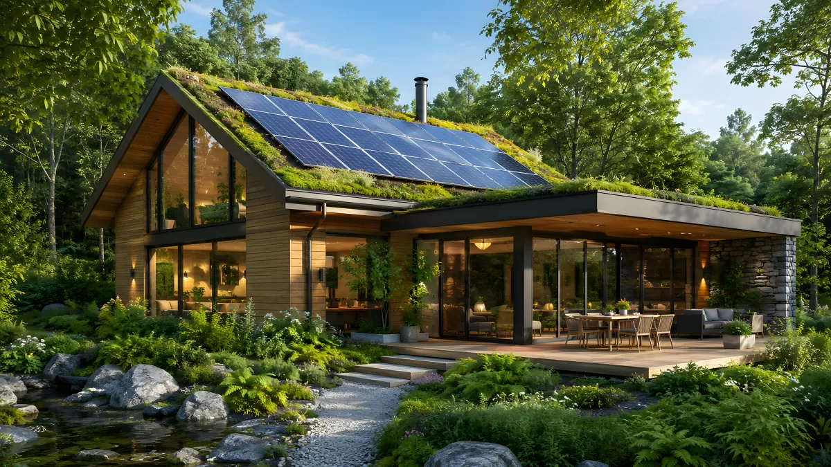Modernes Ökohaus mit Solarpanelen und Gründach