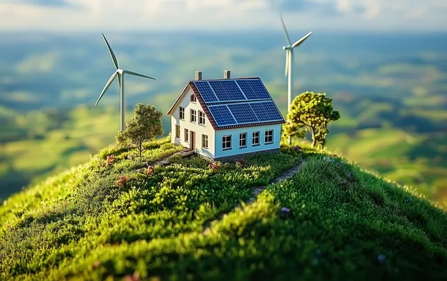 Modernes Ökohaus mit Windkraft und Solarenergie