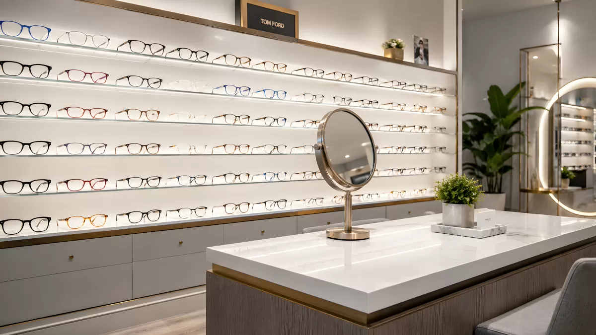 Modernes Optiker-Geschäft mit beleuchteter Brillenwand