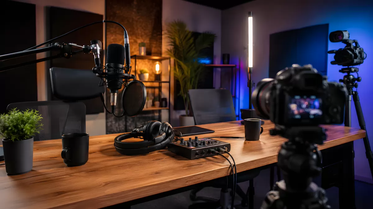 Modernes Podcast-Studio mit Mikrofon und Kamera