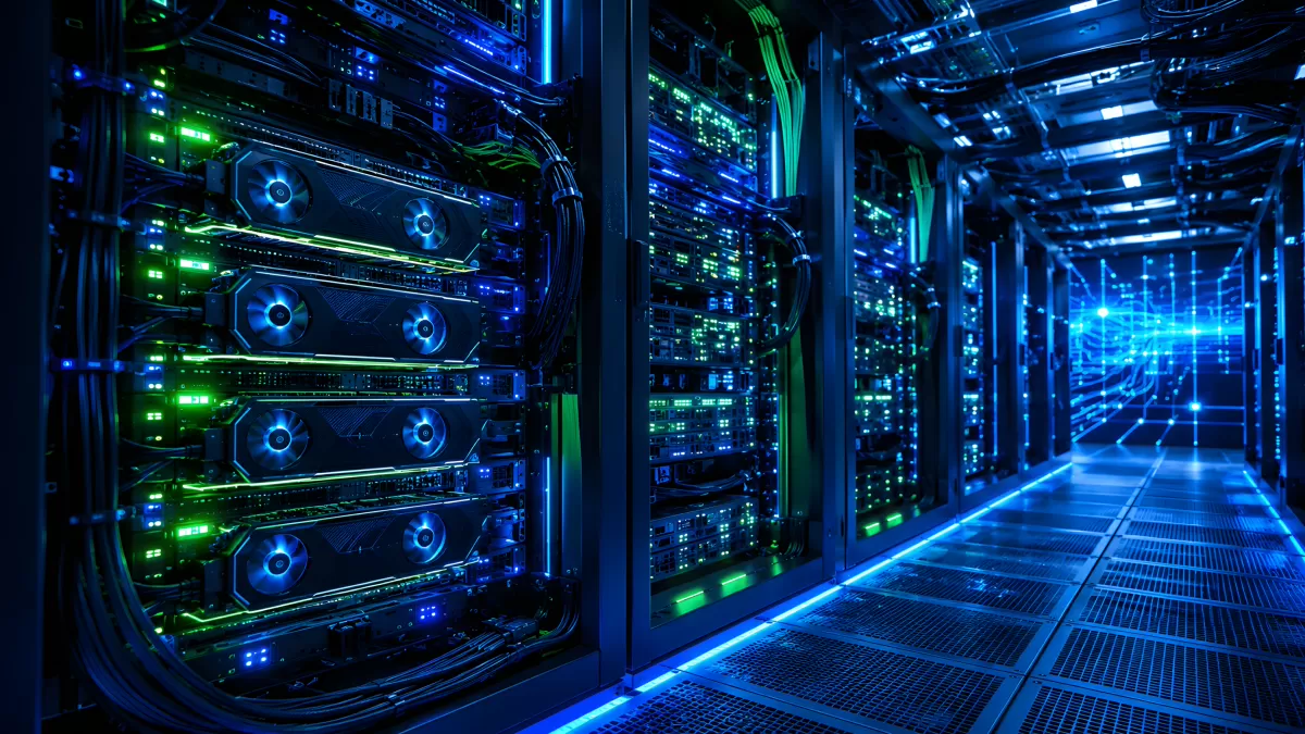 Modernes Rechenzentrum mit blau beleuchteten Serverracks