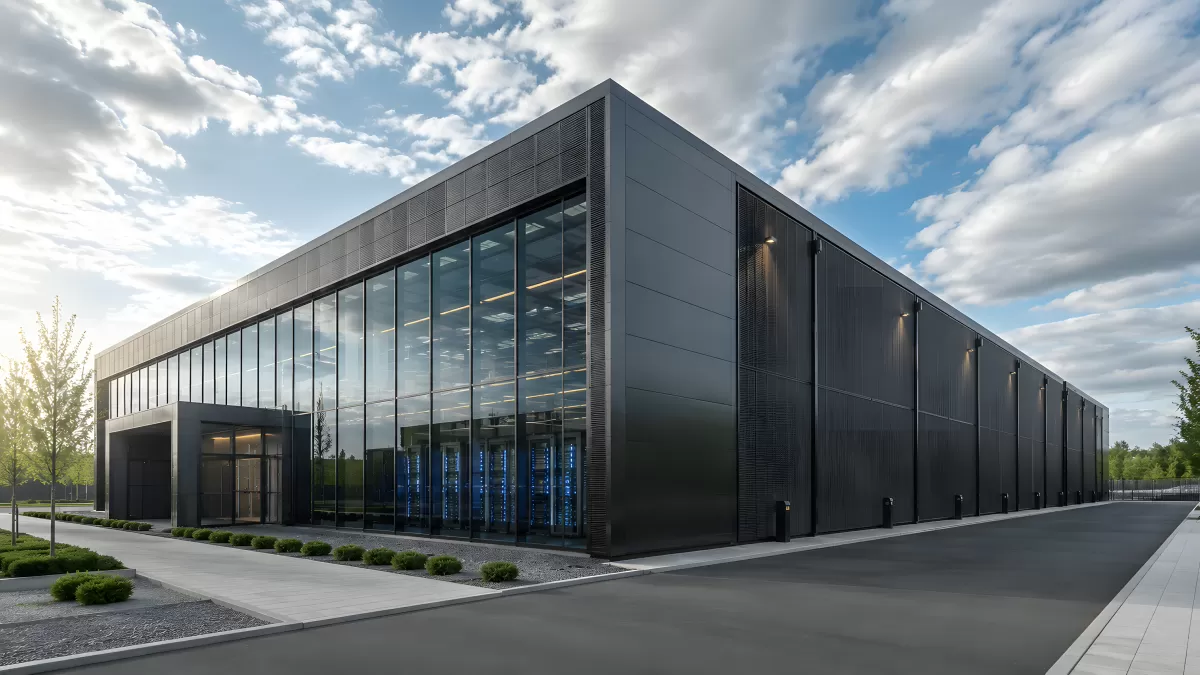 Modernes Rechenzentrum mit Glasfassade und Serverracks