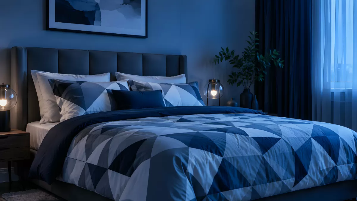 Modernes Schlafzimmer in Blautönen bei Nacht