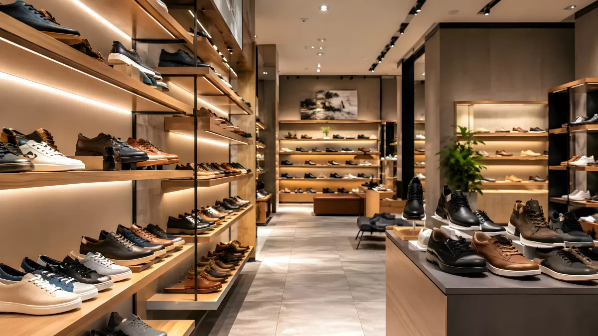 Modernes Schuhgeschäft mit beleuchteten Holzregalen