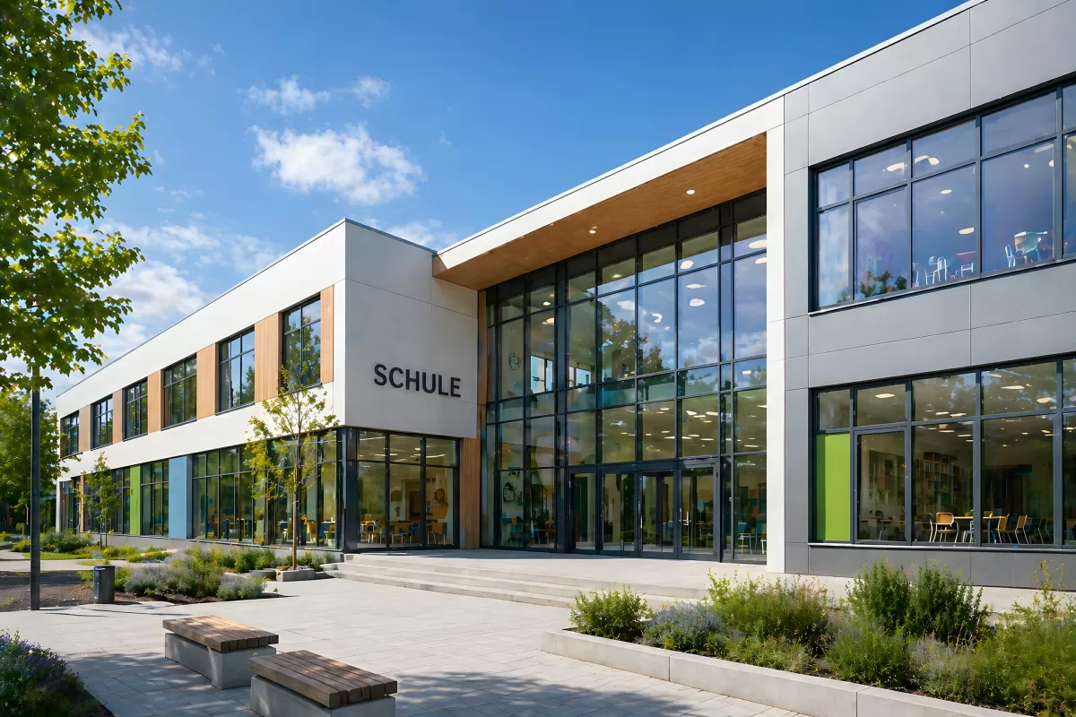 Modernes Schulgebäude mit Glasfassade und Holzakzenten