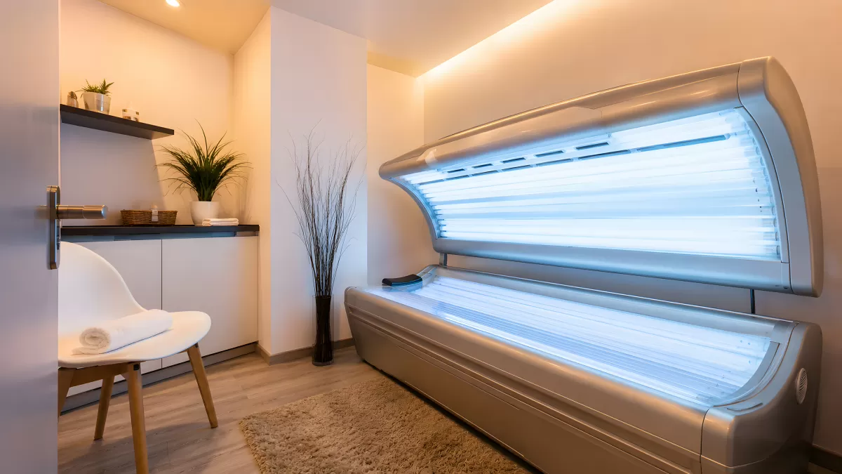 Modernes Solarium mit geöffneter Sonnenbank im Spa