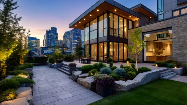 Modernes Stadthaus mit luxuriösem Garten und Skyline-Blick