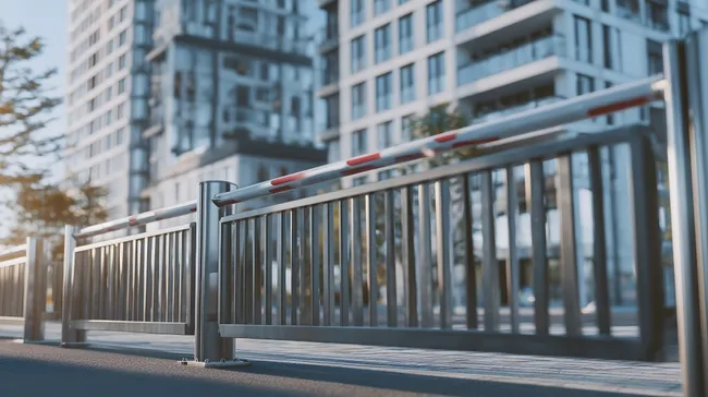 Modernes Stadttor mit Absperrung