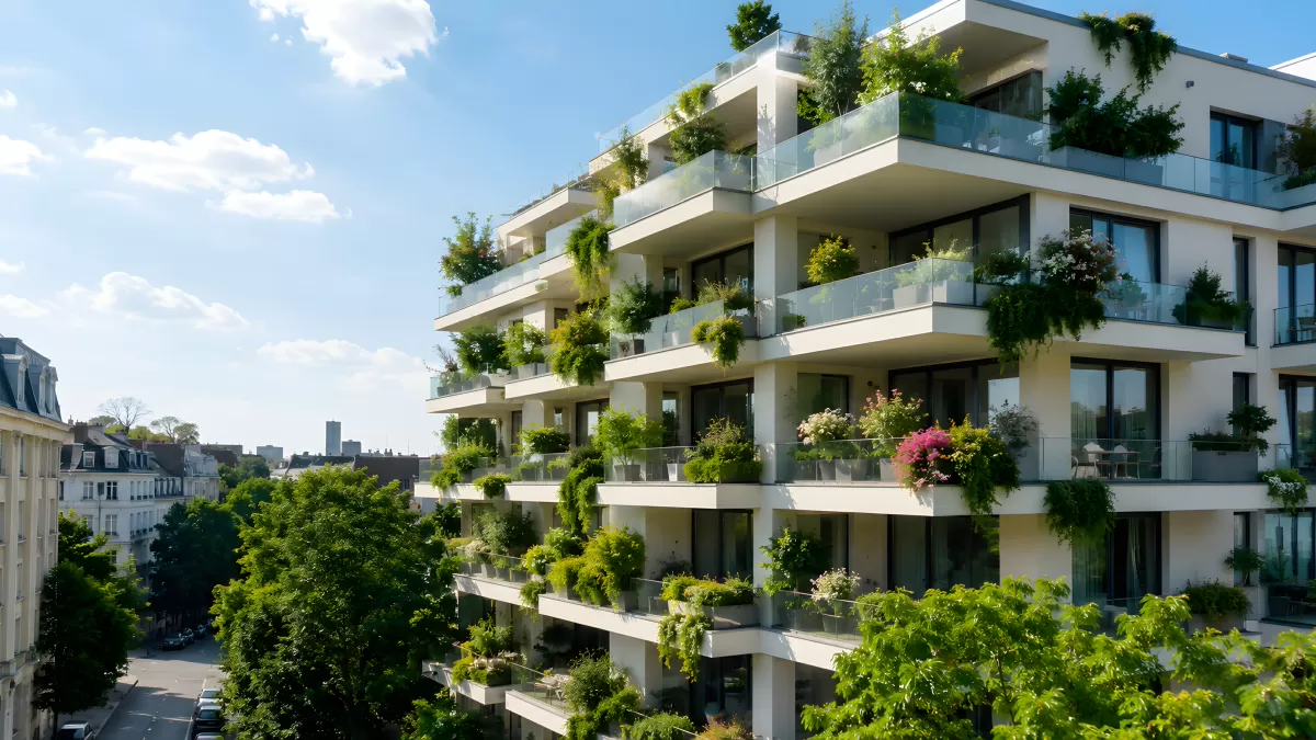 Modernes Wohngebäude mit begrünten Balkonen in der Stadt