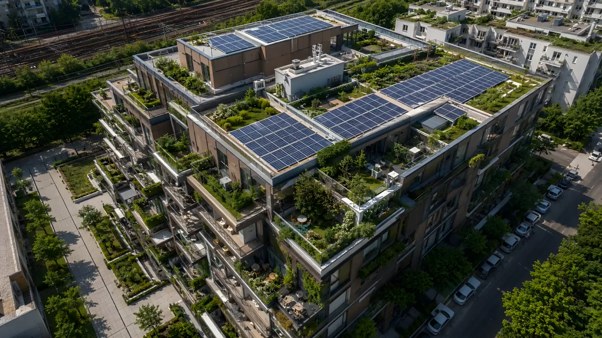 Modernes Wohngebäude mit Dachgarten und Solaranlage