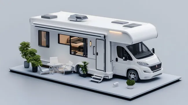 Modernes Wohnmobil mit Sat-Anlage in detaillierter Ansicht