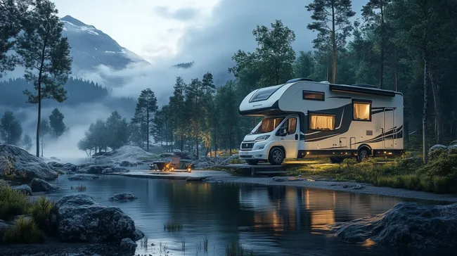 Modernes Wohnmobil unter Sternen am See