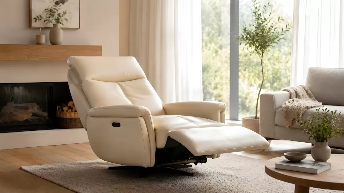 Modernes Wohnzimmer mit cremefarbenem Ledersessel