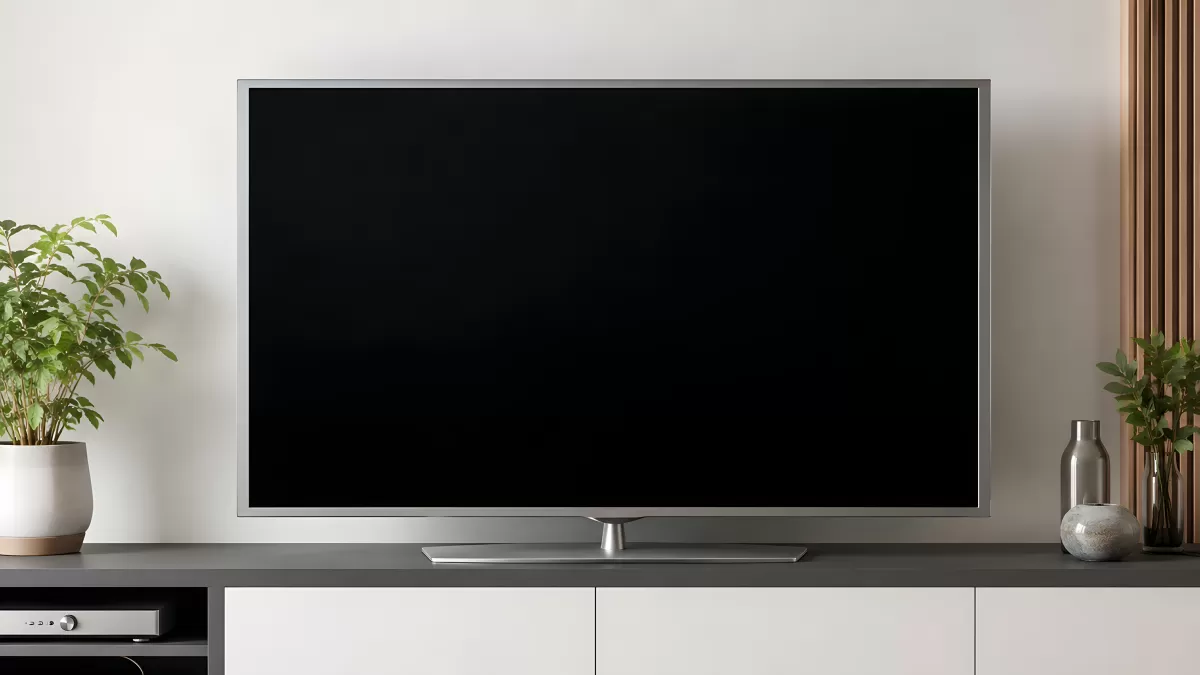 Modernes Wohnzimmer mit großem schwarzem Fernseher