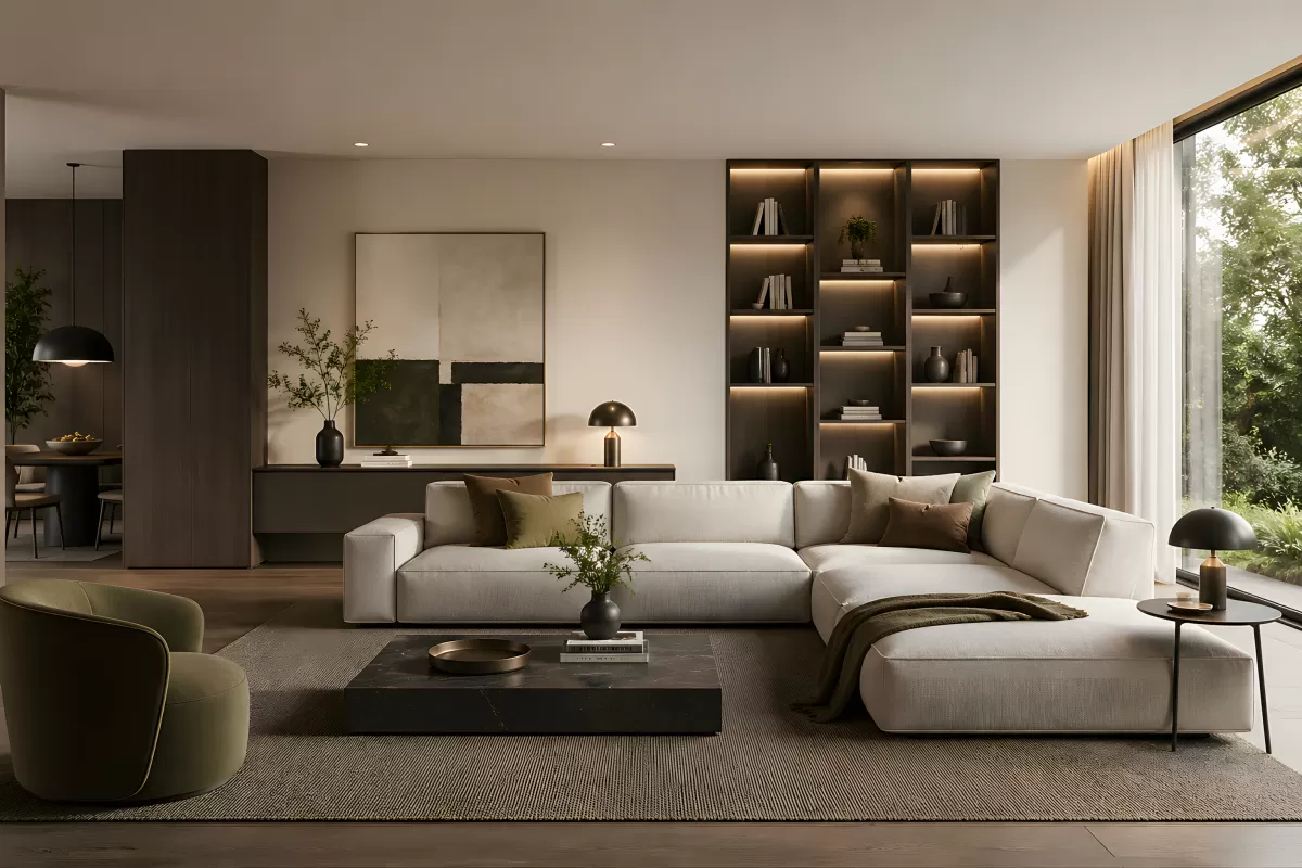 Modernes Wohnzimmer mit hellem Ecksofa und Bücherregal