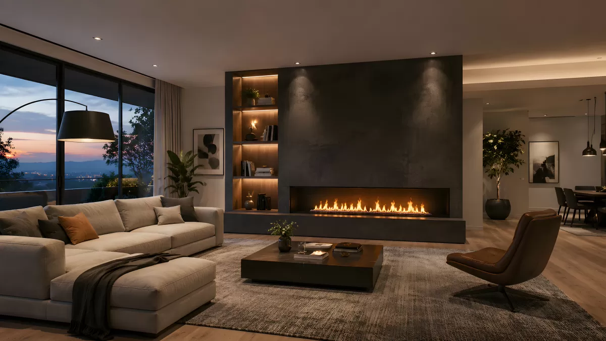 Modernes Wohnzimmer mit Kamin bei Abenddämmerung