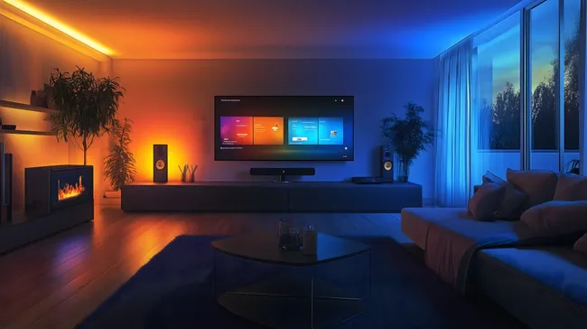 Modernes Wohnzimmer mit LED-Beleuchtung und Kamin