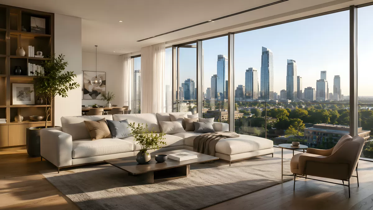 Modernes Wohnzimmer mit Stadtpanorama und Glasfront
