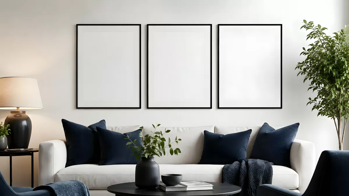 Modernes Wohnzimmer mit weißem Sofa und Bilderrahmen
