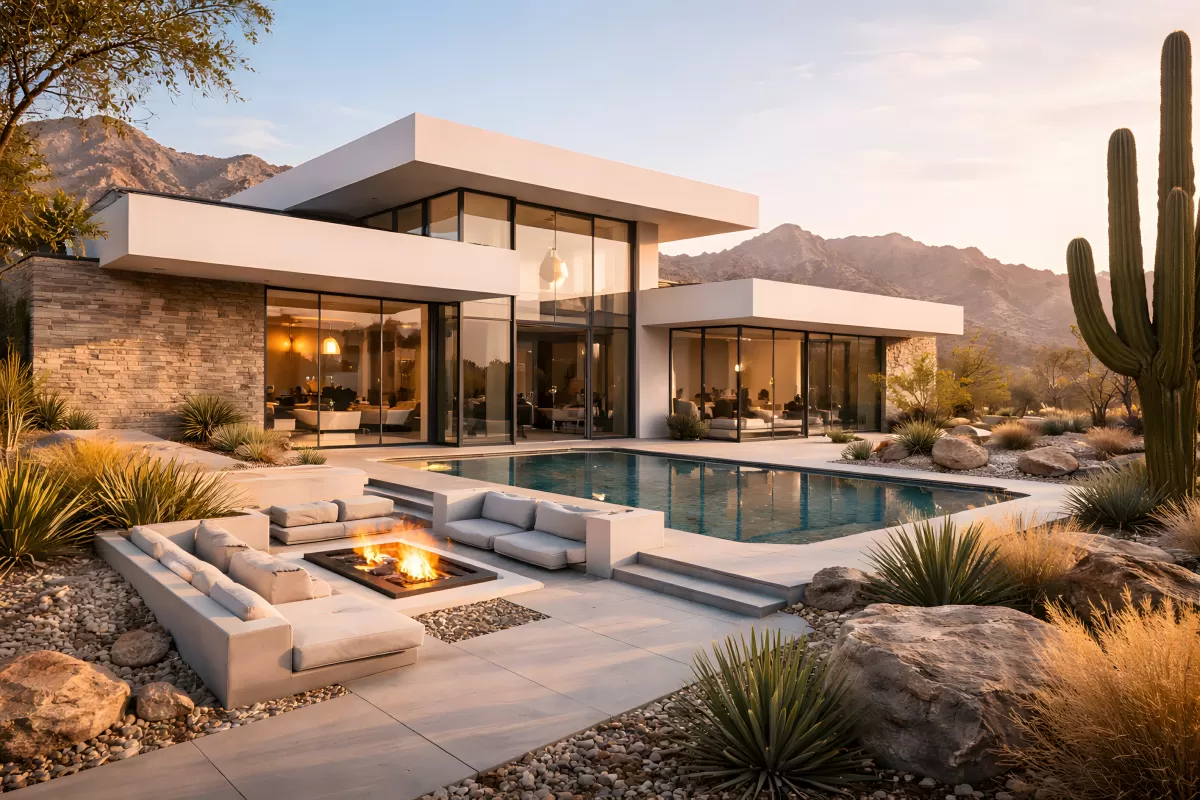 Modernes Wüstenhaus mit Pool und Feuerstelle
