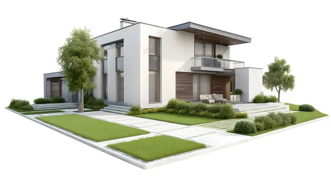 Modernes Zweifamilienhaus mit minimalistische Gartengestaltung