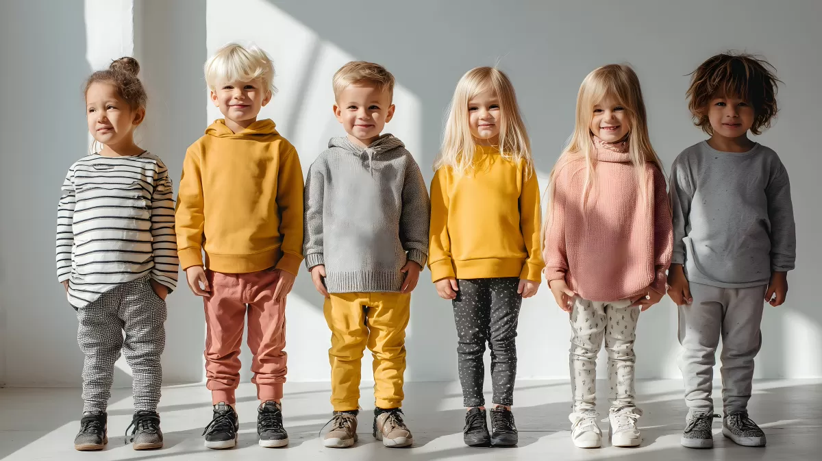 Modisch gekleidete Kinder posieren vor heller Wand