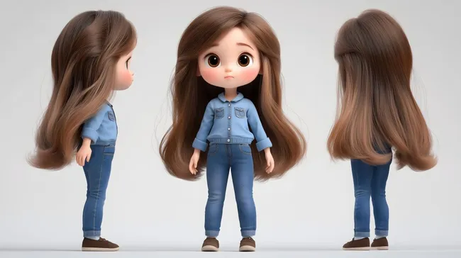 Modisch gekleidetes Mädchen mit langen braunen Haaren