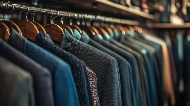 Modische Herrenbekleidung auf Kleiderbügeln in Geschäft