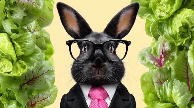 Modischer Hase in Anzug und Brille zwischen Salat