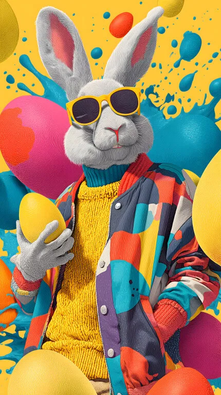 Modischer Osterhase mit Sonnenbrille und buntem Pullover