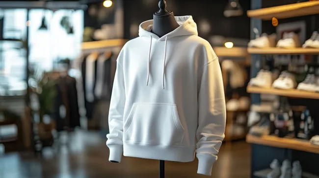 Modischer weißer Hoodie in stylischem Ladeninterieur